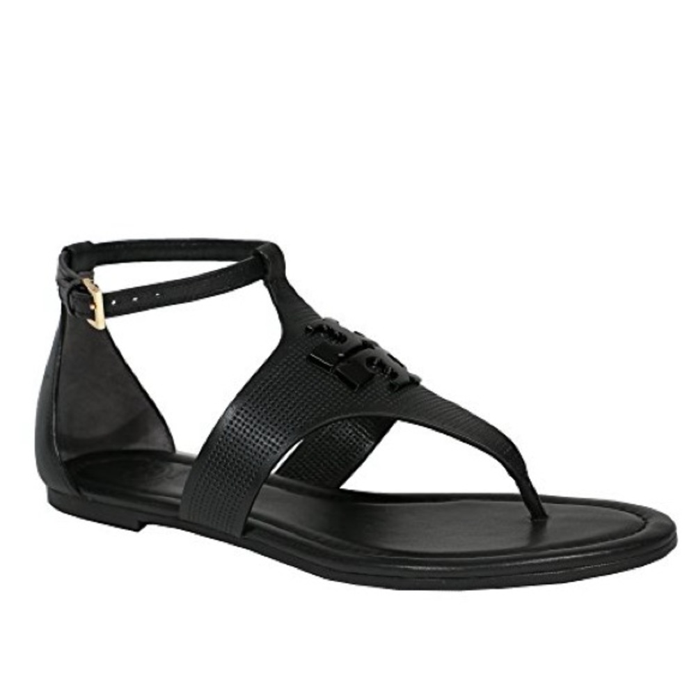 Tory Burch Laura Logo Black Leather Flat Thong Sandals